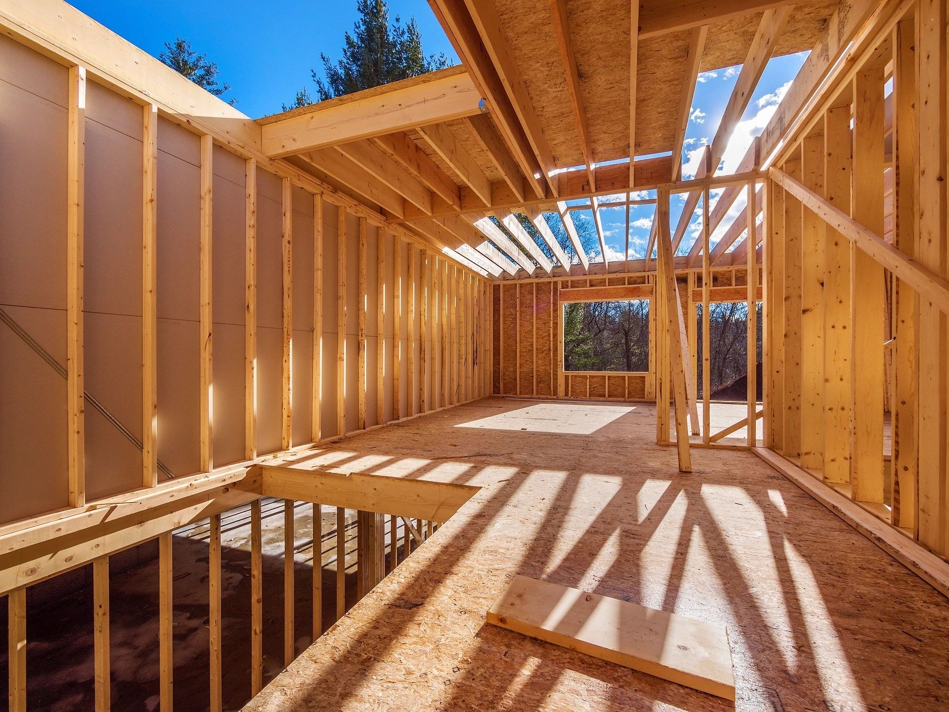 Interior framing of a residential home with natural light